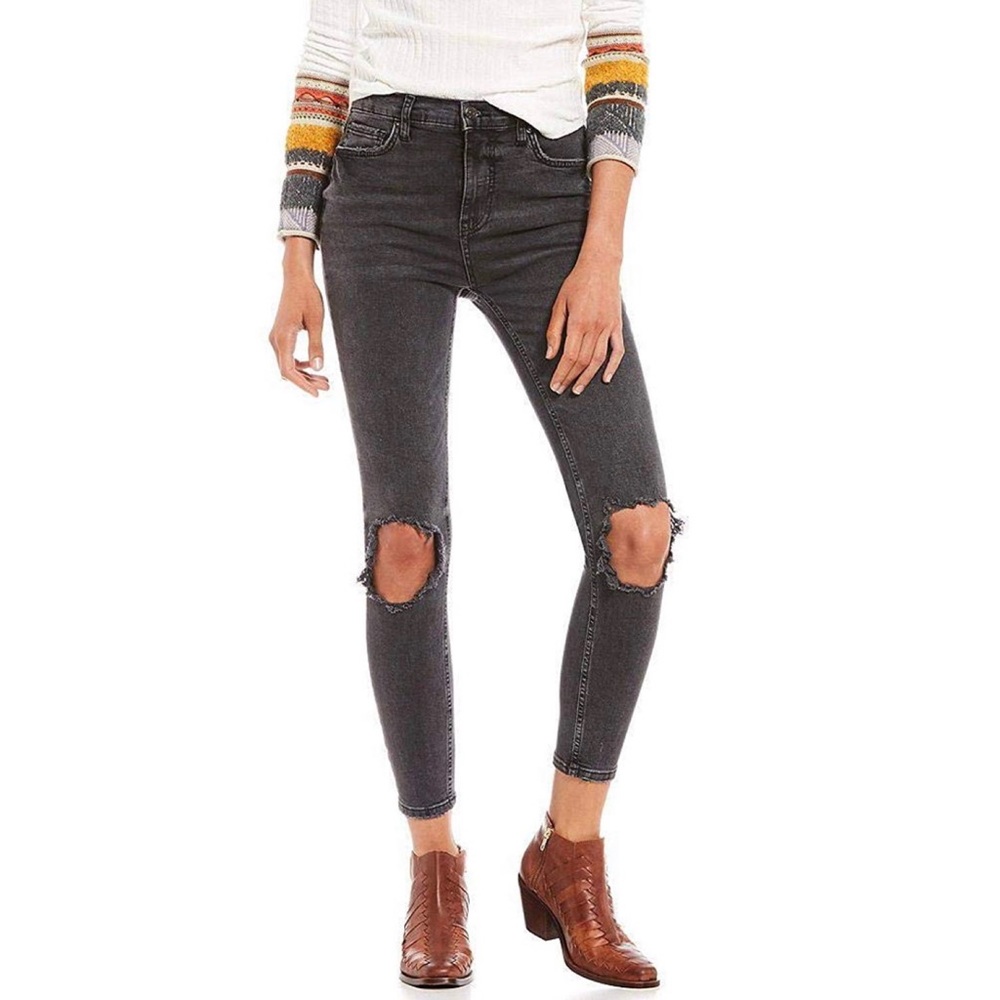 Free People Grey High-Waisted Busted Knee Jeans